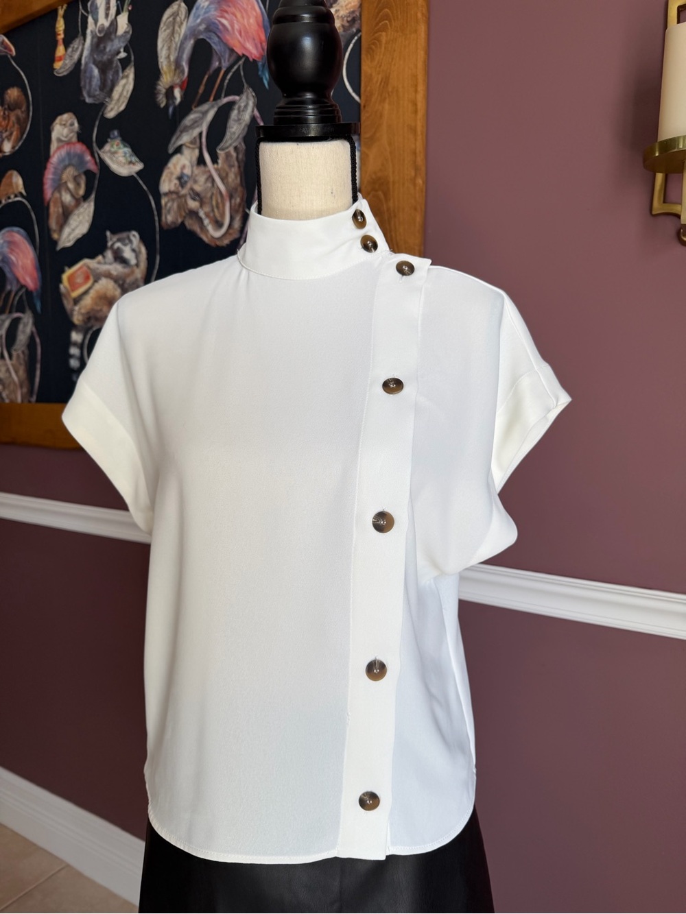 EUC Zara White Short-Sleeve Mock Neck Boxy Button-Trim Blouse Size XS